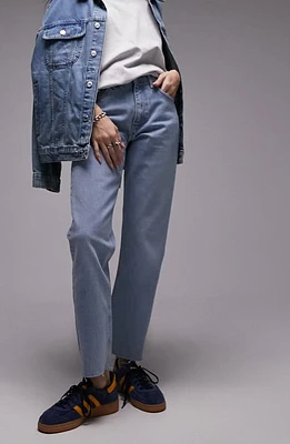 Topshop Raw Hem Mid Rise Straight Leg Jeans Light Blue at Nordstrom,