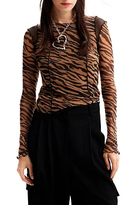 Desigual Leopa Zebra Stripe Long Sleeve Tulle Top Brown at Nordstrom,