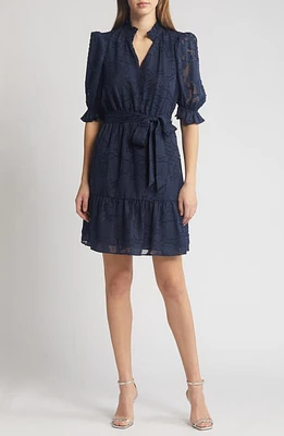 Eliza J Floral Jacquard Belted Dress Navy at Nordstrom,