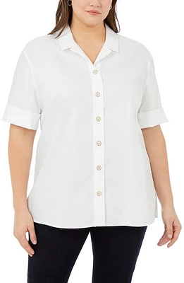 Foxcroft Percy Elbow Sleeve Button-Up Blouse in White at Nordstrom, Size 22W