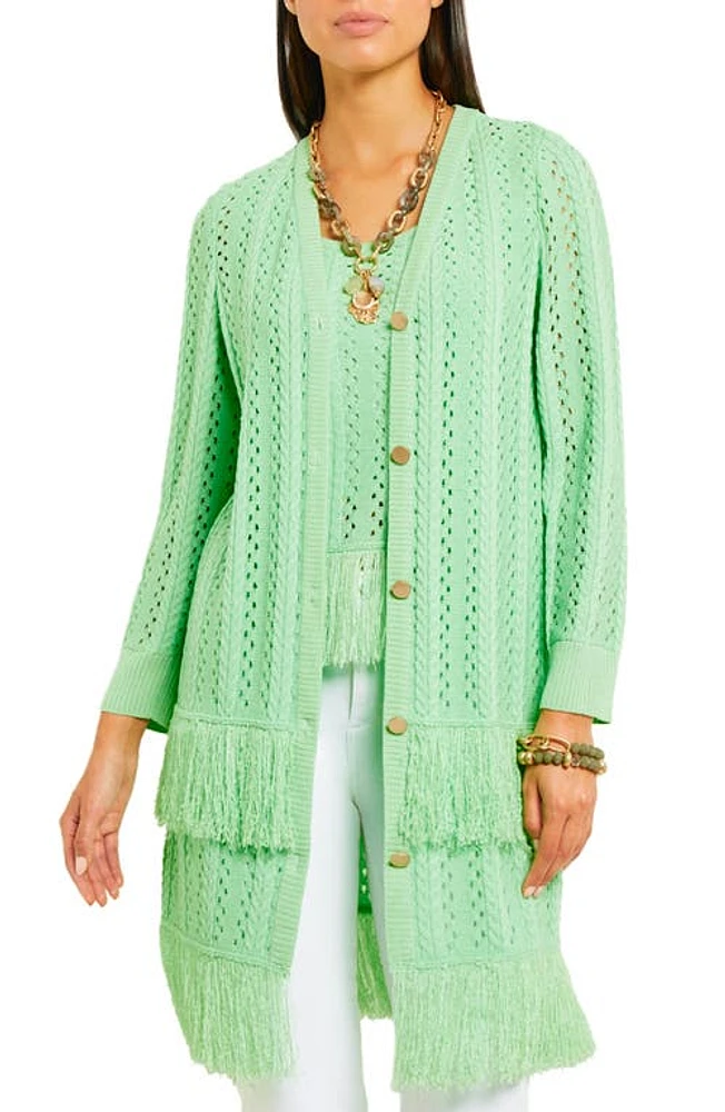 Misook Pointelle Fringe Cardigan Paradise Green at Nordstrom,