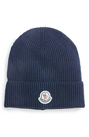 Moncler Logo Patch Cotton Rib Beanie in Navy at Nordstrom