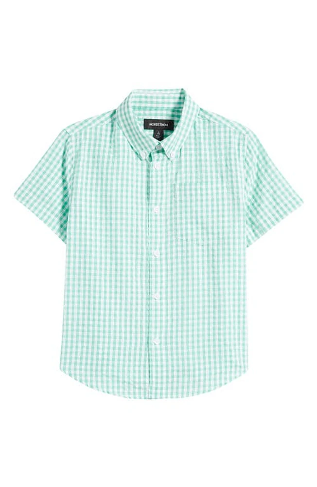 Nordstrom Kids' Short Sleeve Cotton Gingham Button-Down Shirt Teal Stone at