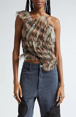 Collina Strada Jazzelle One-Shoulder Silk Top in Regenerative Plaid at Nordstrom, Size Small