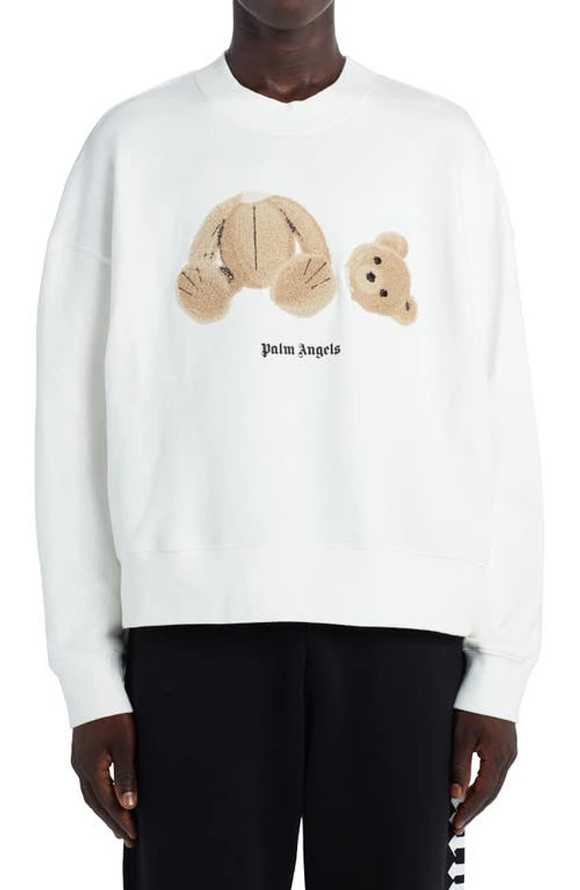 Palm Angels Bear Appliqué Cotton Sweatshirt Off White Brown at Nordstrom,