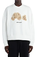 Palm Angels Bear Appliqué Cotton Sweatshirt Off White Brown at Nordstrom,