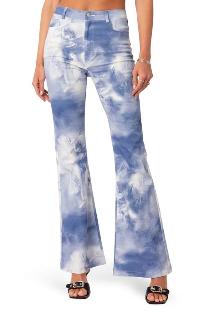 EDIKTED Saint Printed Flare Jeans Blue at Nordstrom,