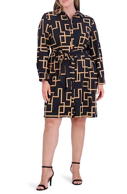 Foxcroft Rocca Maze Print Long Sleeve Shirtdress Black Multi at Nordstrom