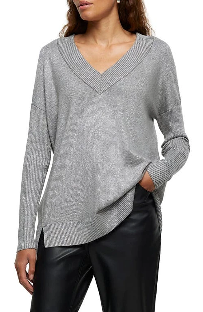 River Island V-Neck Sweater Silver at Nordstrom,