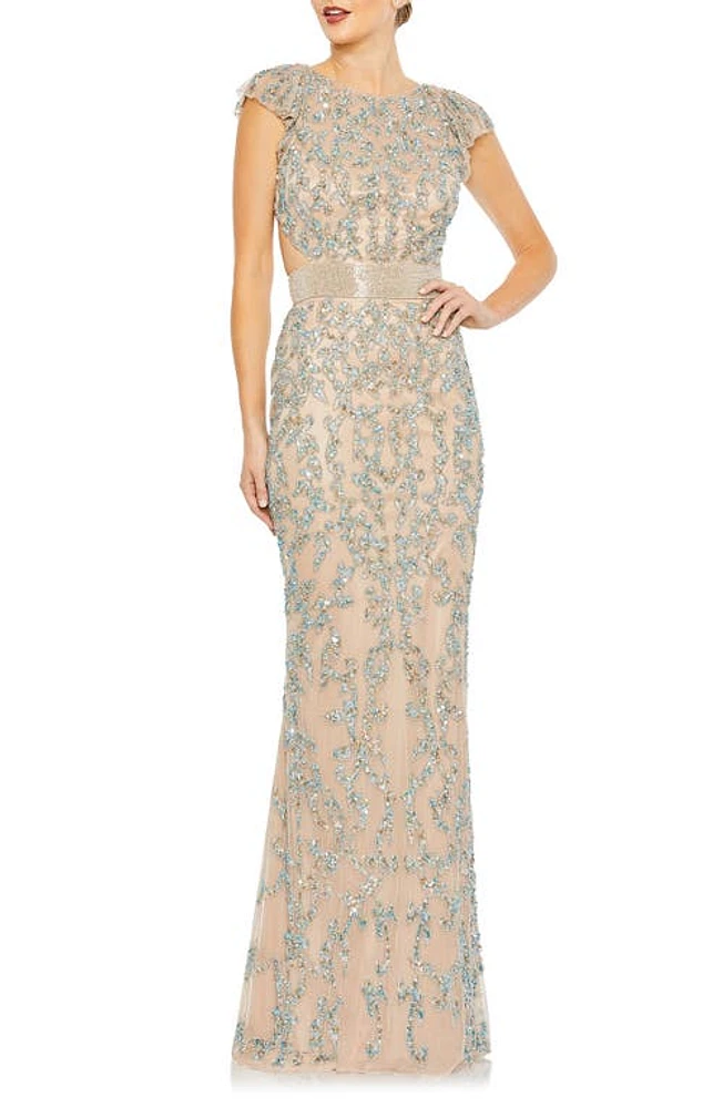 Mac Duggal Damask Sequin Open Back Gown Nude Multi at Nordstrom,