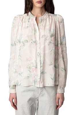 Zadig & Voltaire Tchin Floral Silk Satin Button-Up Shirt Mastic at Nordstrom,