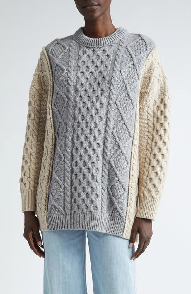 Bottega Veneta Colorblock Wool Blend Aran Sweater Beige-Grey Melange at Nordstrom,