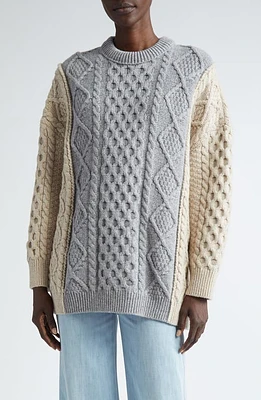 Bottega Veneta Colorblock Wool Blend Aran Sweater Beige-Grey Melange at Nordstrom,