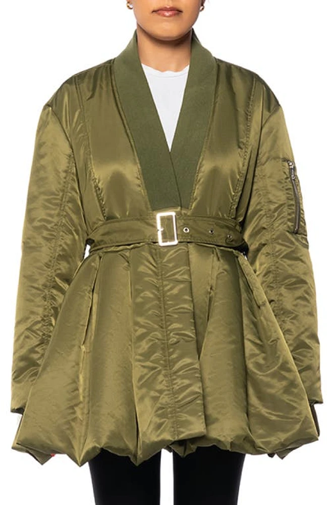 AZALEA WANG Rosalia Peplum Puffer Bomber Jacket in Green at Nordstrom, Size Medium