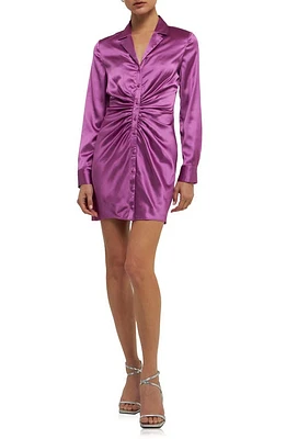 Endless Rose Ruched Long Sleeve Satin Shirtdress Grape at Nordstrom,