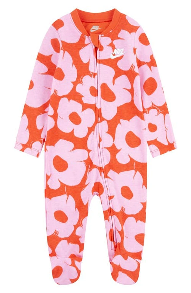 Nike Floral Print Cotton Zip Footie in Picante Red at Nordstrom, Size 6M