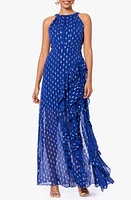 Betsy & Adam Ruffle Metallic Chiffon Gown Light Navy/Gold at Nordstrom,