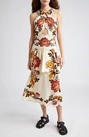 FARM Rio Leopard Flowers Print Cutout Detail Linen Blend Dress in Sand at Nordstrom, Size Medium