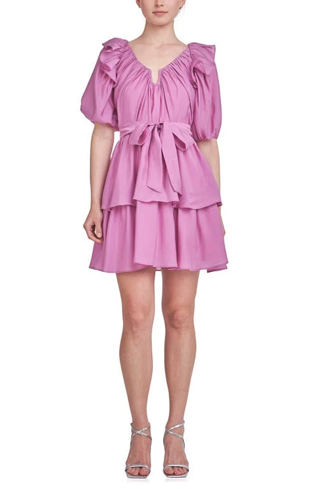 Endless Rose Ruffle Tie Waist Puff Sleeve Tiered Minidress Orchid at Nordstrom,