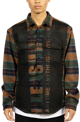 PLEASURES Anytime Stripe Wool Blend Flannel Button-Up Work Shirt Olive at Nordstrom,