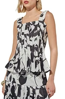 Ming Wang Pleated Floral Print Sleeveless Peplum Top Black/White at Nordstrom,