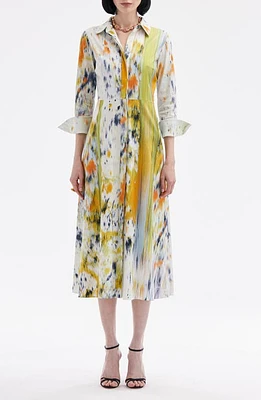 Oscar de la Renta Abstract Brushstroke Print Long Sleeve Midi Shirtdress Citrine Multi at Nordstrom,