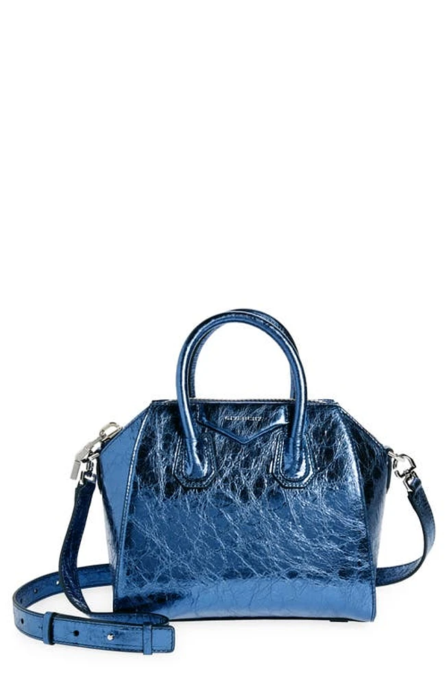 Givenchy Mini Antigona Metallic Leather Satchel in Navy at Nordstrom