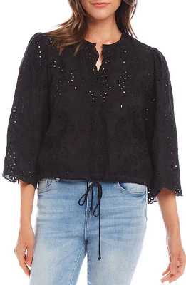 Karen Kane Eyelet Embroidered Drawstring Hem Cotton Top Black at Nordstrom,