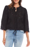 Karen Kane Eyelet Embroidered Drawstring Hem Cotton Top Black at Nordstrom,