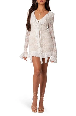 EDIKTED Josephine Ruffle Long Sleeve Lace Dress Cream at Nordstrom,