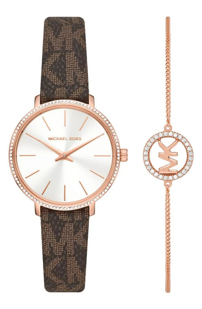 MICHAEL Michael Kors Mini Pyper MK Logo Leather Strap Watch & Bracelet Set, 32mm in Brown at Nordstrom