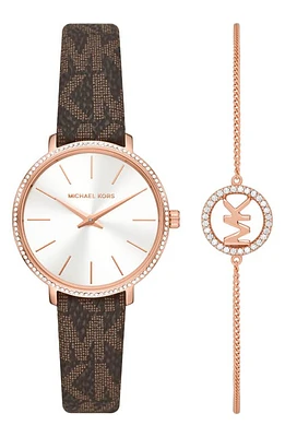 MICHAEL Michael Kors Mini Pyper MK Logo Leather Strap Watch & Bracelet Set, 32mm in Brown at Nordstrom