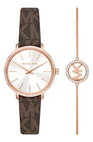 MICHAEL Michael Kors Mini Pyper MK Logo Leather Strap Watch & Bracelet Set, 32mm in Brown at Nordstrom