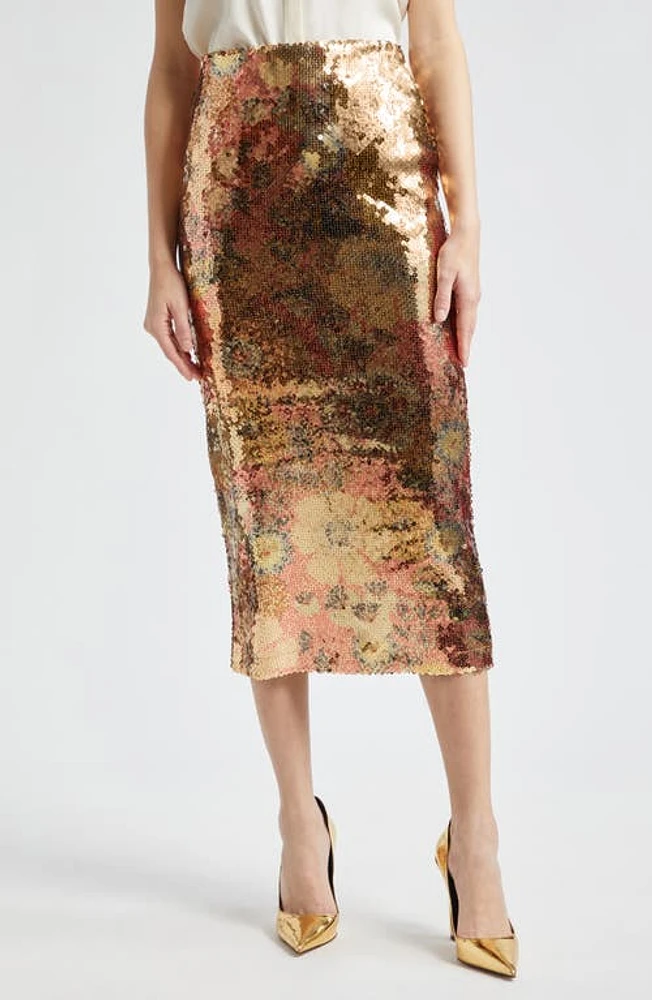 Smythe Sequin Stretch Skirt in Gold Floral at Nordstrom, Size Large