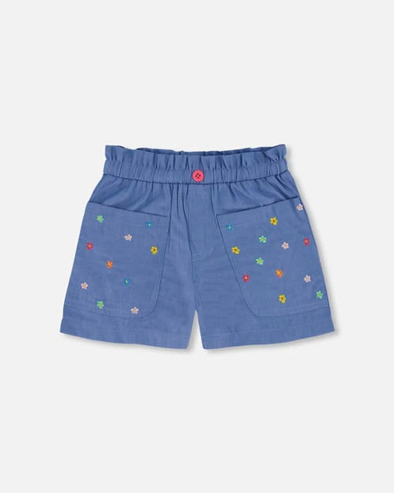 Deux Par Deux Little Girl's Chambray Short With Embroidered Flowers at Nordstrom