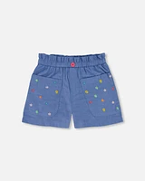 Deux Par Deux Little Girl's Chambray Short With Embroidered Flowers at Nordstrom