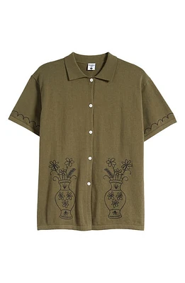 Service Works Embroidered Vase Knit Short Sleeve Button-Up Shirt Olive at Nordstrom,