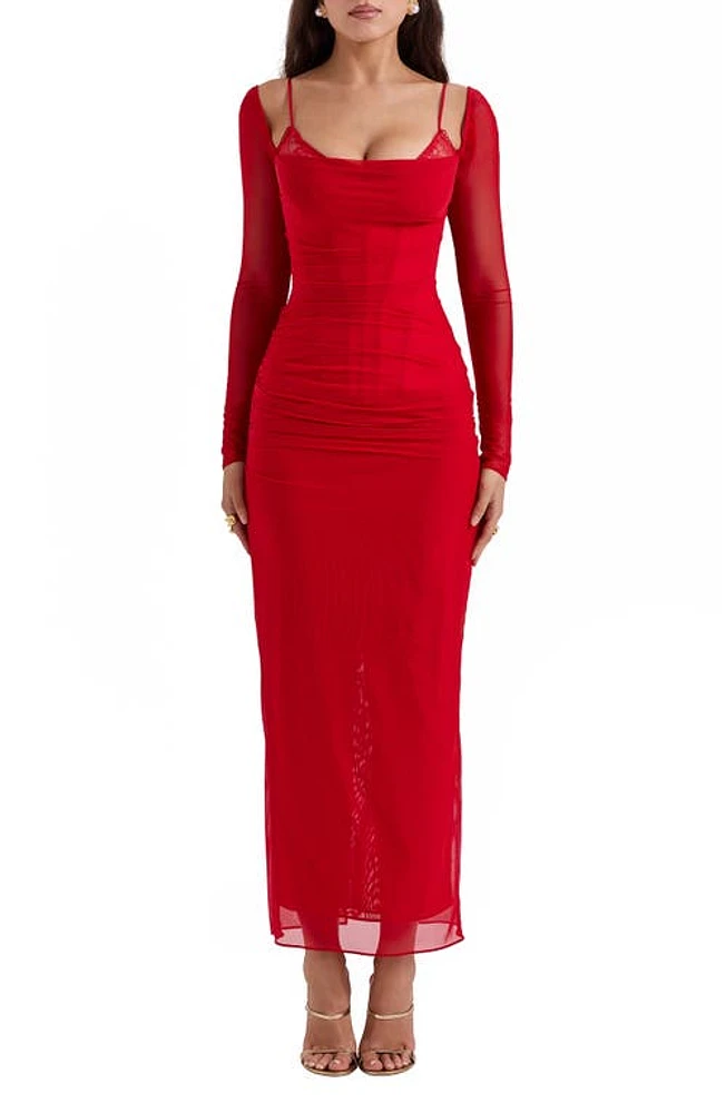 HOUSE OF CB Katrina Lace Mesh Long Sleeve Gown at Nordstrom,