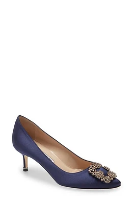 Manolo Blahnik Hangisi Jeweled Kitten Heel Pump Navy Satin/Silk Buckle at Nordstrom,