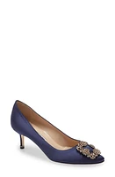 Manolo Blahnik Hangisi Jeweled Kitten Heel Pump Navy Satin/Silk Buckle at Nordstrom,