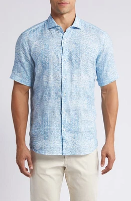 Peter Millar Crown Crafted Lian Bandana Print Short Sleeve Linen Button-Up Shirt Cascade Blue at Nordstrom,