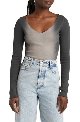 Topshop Ombré Long Sleeve Cotton Rib Top Dark Grey at Nordstrom,