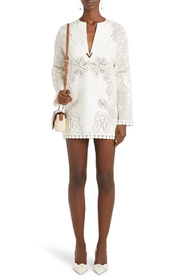 Valentino Garavani Floral Pointelle Detail Long Sleeve Stretch Cotton Minidress Avorio at Nordstrom, Us