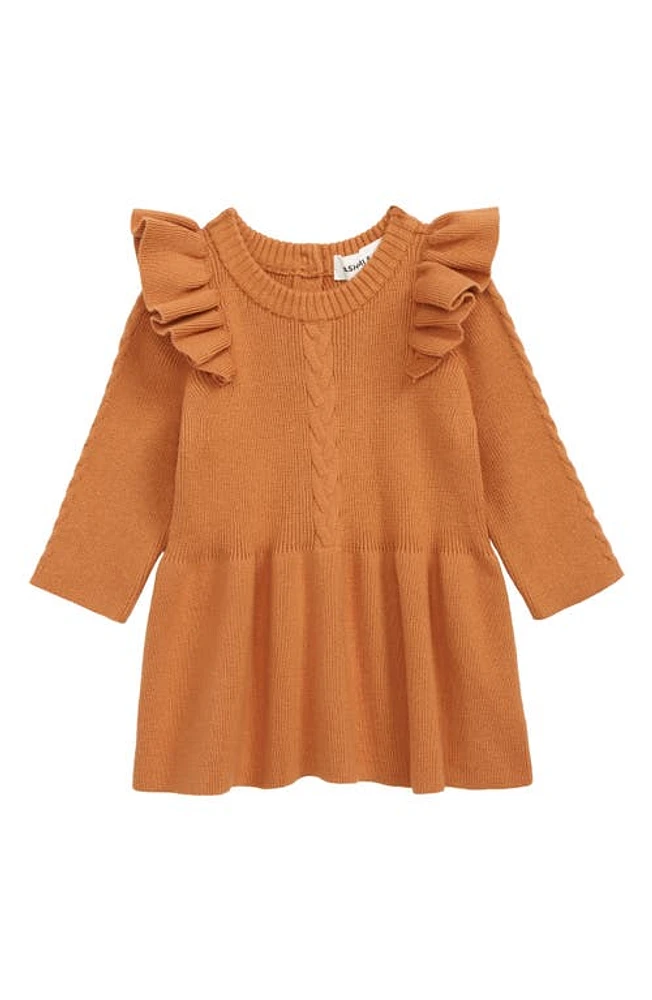 Ashmi & Co. Eva Ruffle Shoulder Long Sleeve Knit Cotton Dress Burnt Orange at Nordstrom,