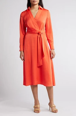 Tahari ASL Wrap Front Long Sleeve Hammered Satin Midi Shirtdress Melon at Nordstrom,