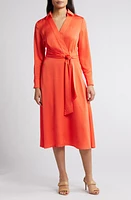 Tahari ASL Wrap Front Long Sleeve Hammered Satin Midi Shirtdress Melon at Nordstrom,