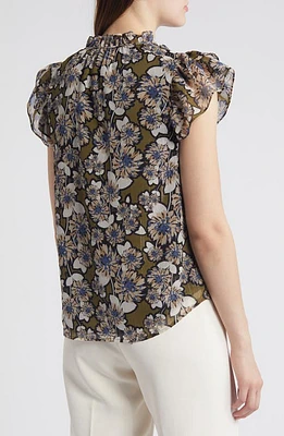 Anne Klein Metallic Stripe Floral Ruffle Sleeve Top Bay Leaf/Anne White Multi at Nordstrom,