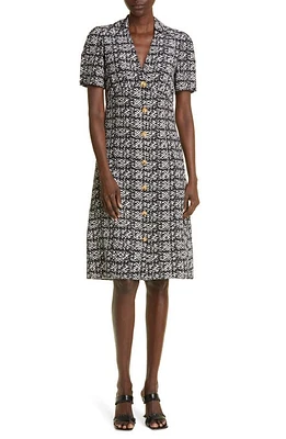 St. John Collection Jared Tweed Print Silk Shirtdress in Ecru/Black at Nordstrom, Size 6