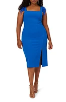 Adrianna Papell Feather Trim Crepe Midi Sheath Dress Dark Cobalt at Nordstrom,