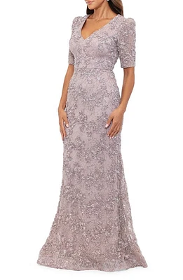 Xscape Evenings Soutache Short Sleeve Fit & Flare Gown Taupe at Nordstrom,